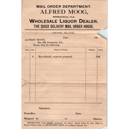 c1900 Letterhead Billhead Alfred Moog Wholesale Liquor Pensacola FL AD6