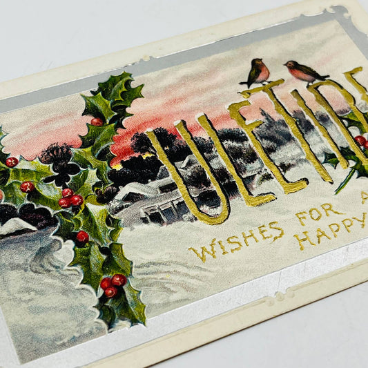 1910s Christmas Post Card Embossed Yuletide Holly Cottage Snow Sunset Robins PA4