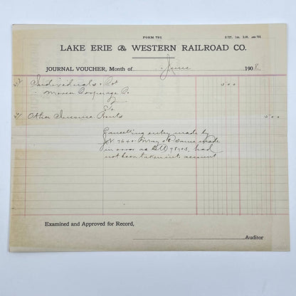 1908 Lake Erie & Western Railroad Co. Journal Voucher AB5