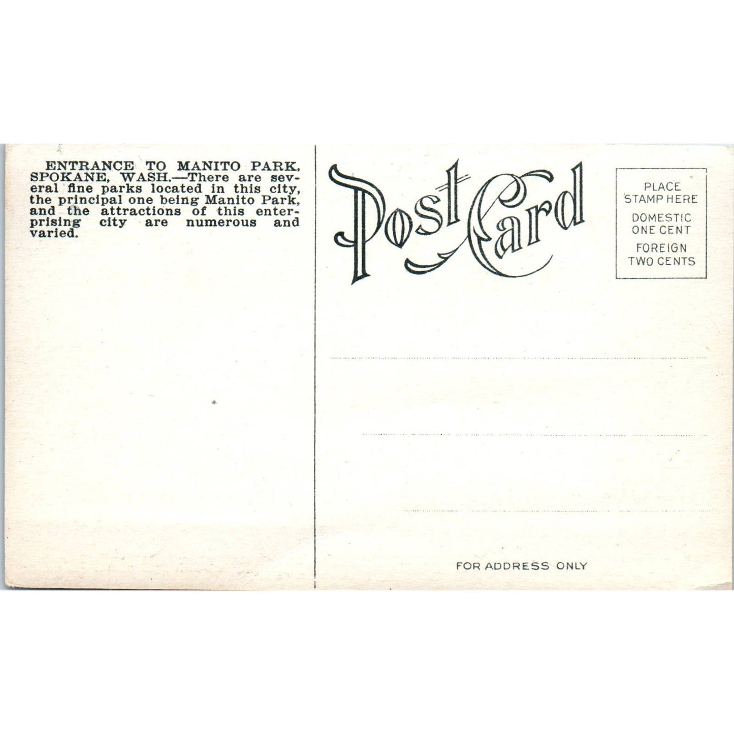 Vintage Postcard Entrance to Manito Park Spokane Washington TD9-W2