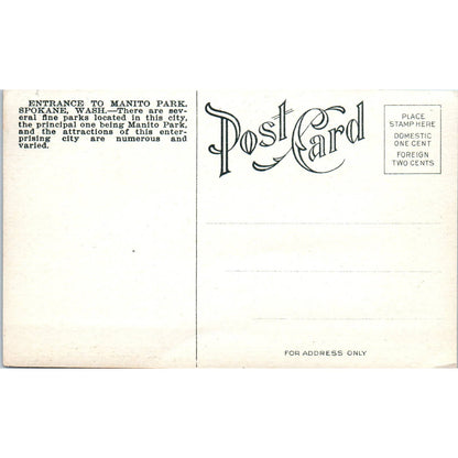 Vintage Postcard Entrance to Manito Park Spokane Washington TD9-W2