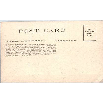 Statue of Nathan Hale New York City c1910 Original Postcard TK1-27