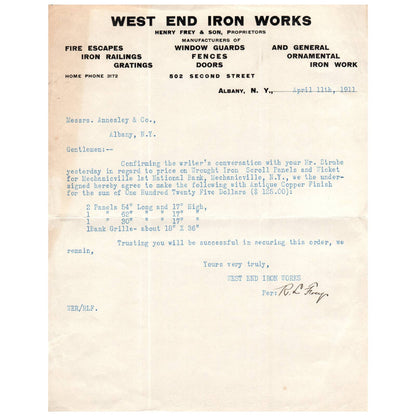 1911 West End Iron Works Letterhead Henry Frey Albany NY AC9