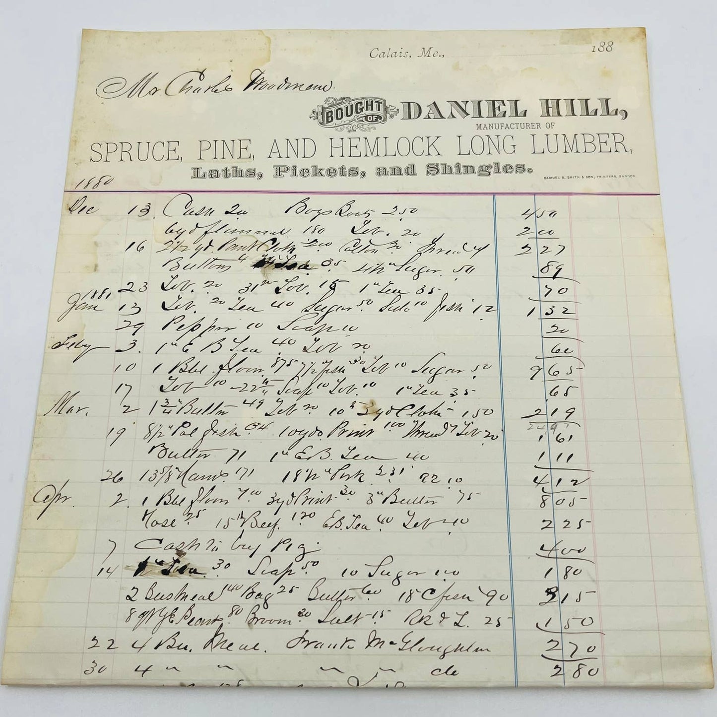 1881 Daniel Hill Lumber Calais Maine Billhead Letterhead Receipt AA4