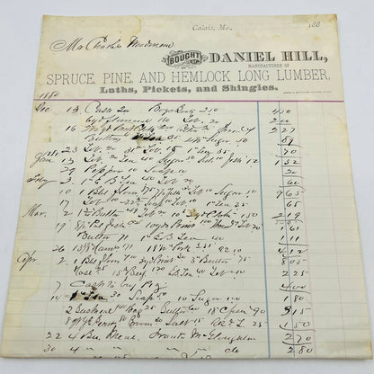 1881 Daniel Hill Lumber Calais Maine Billhead Letterhead Receipt AA4