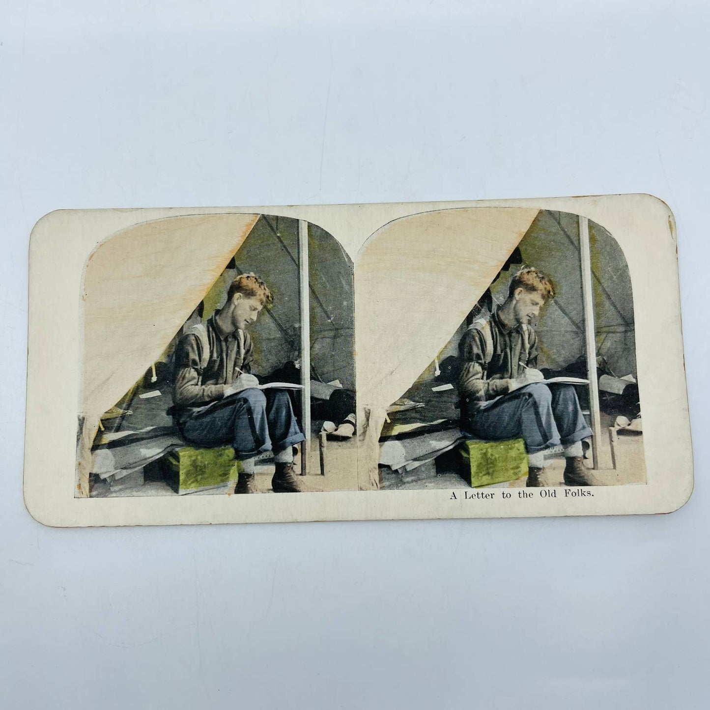 1898 Stereoview Card Tinted Spanish-American War US Army Soldier Writing Letter