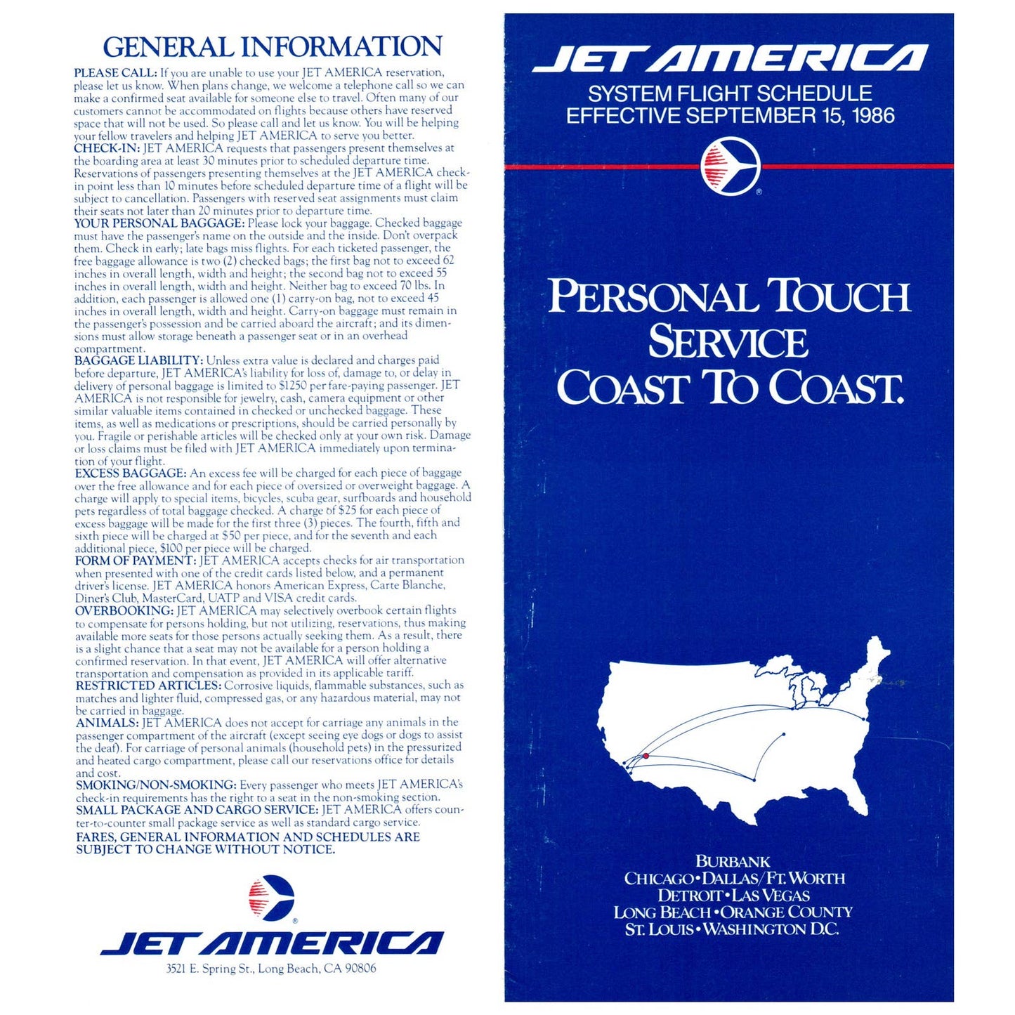 1986 Jet America Airline System Flight Schedule September 15 Timetable SE4