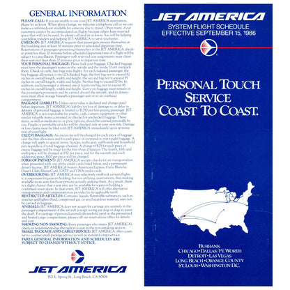 1986 Jet America Airline System Flight Schedule September 15 Timetable SE4