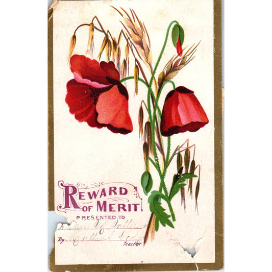 1880s Victorian Trade Card Reward of Merit Red Tulips SF2