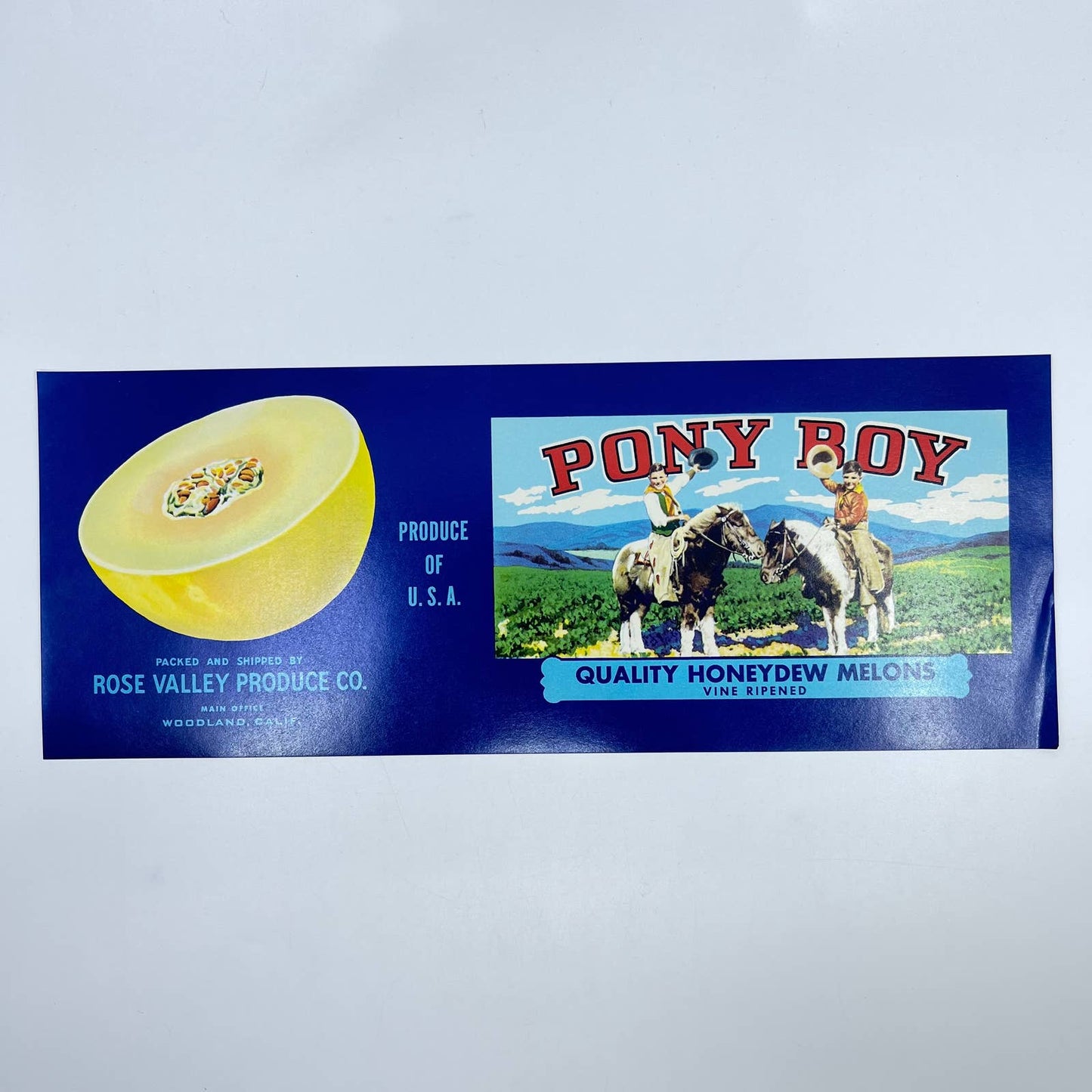 Pony Boy Brand, Woodland, California Melon Crate Label Rose Valley Produce FL3