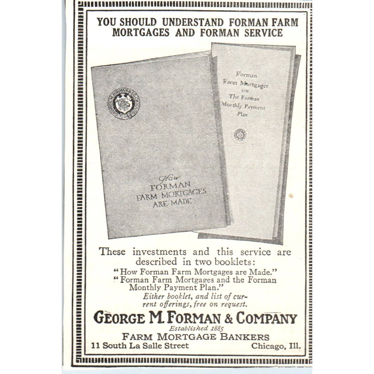 c1920 Harper's Magazine Ad - George M. Forman & Co Farm Mortgage Chicago EA3-4