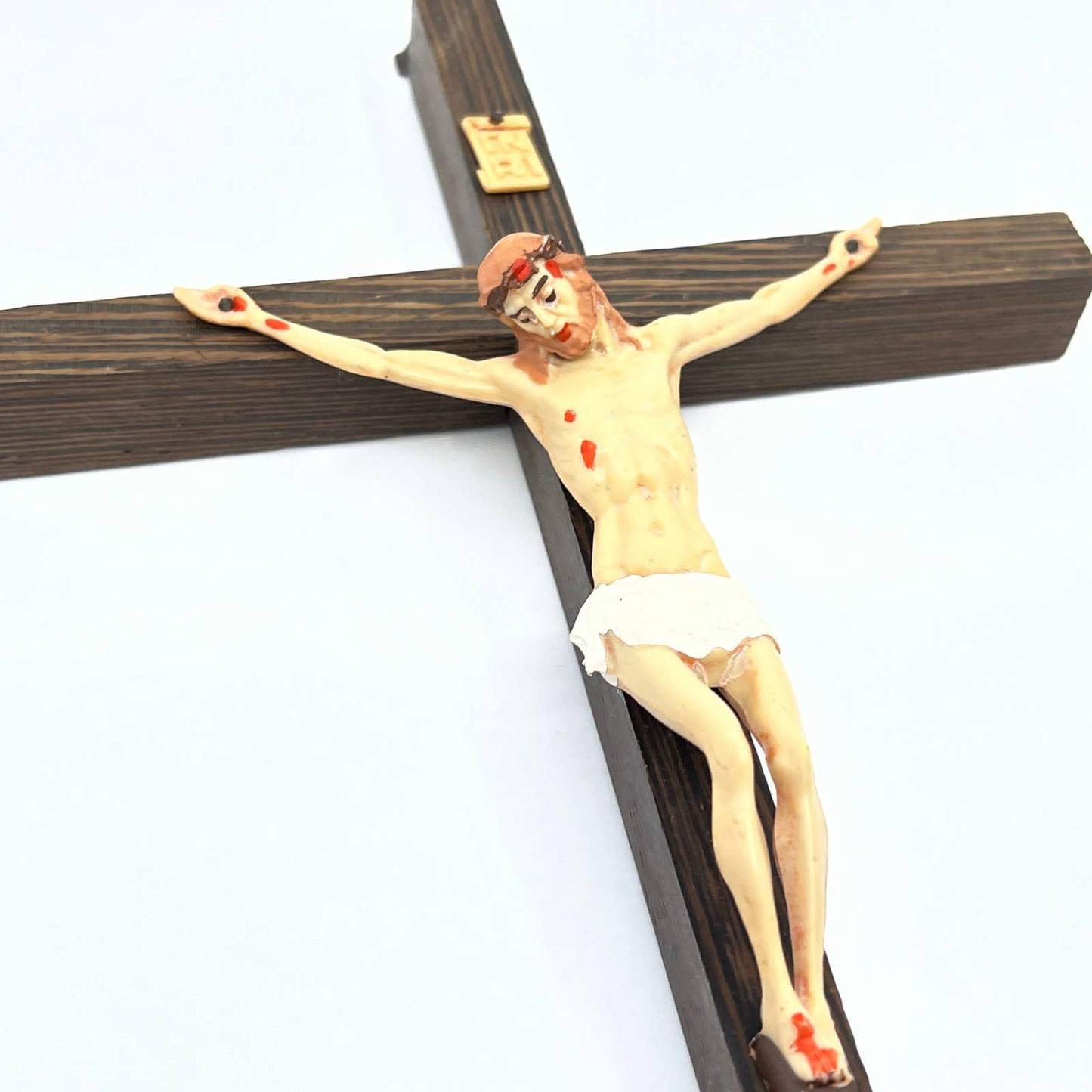 Vintage Wall Crucifix Solid Wood Cross w/ Resin Hand Painted Jesus Italy 12" TG4