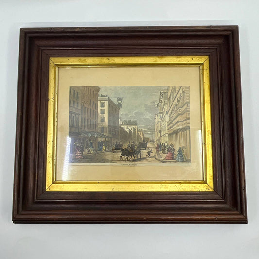 Antique Victorian Framed Art Print Tinted Etching Engraving Baltimore 12x14" TG6