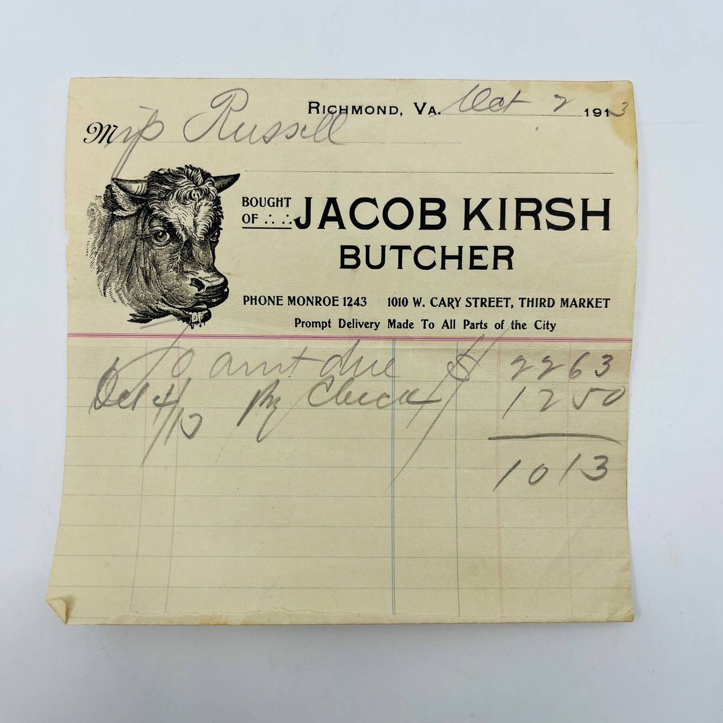 1913 Jacob Kirsch Butcher Richmond VA Letterhead Billhead AA5