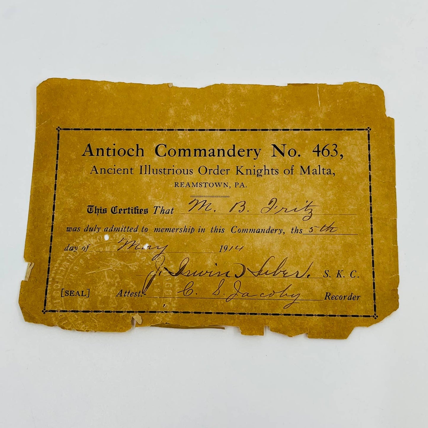 1914 Antioch Commandery No.463 Knights of Malta Constitution & Certificate TD8