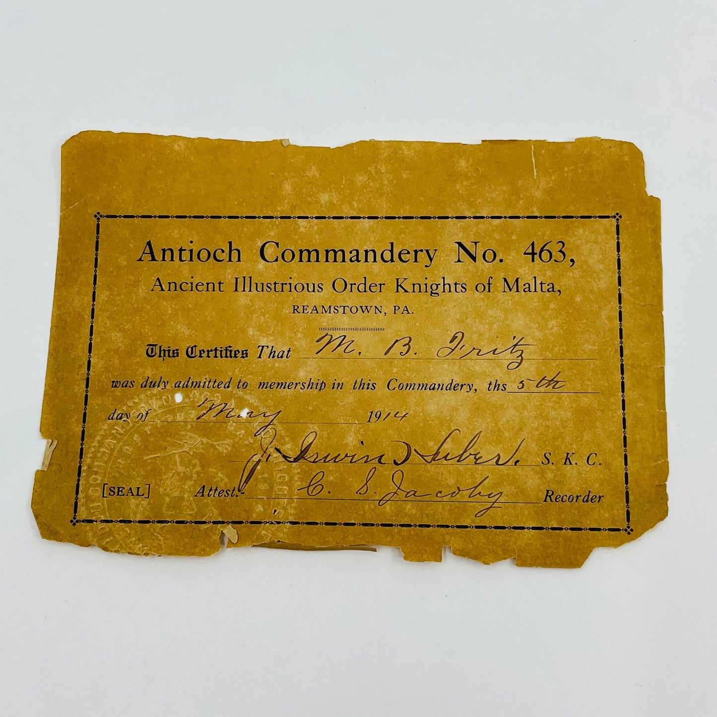 1914 Antioch Commandery No.463 Knights of Malta Constitution & Certificate H5-1