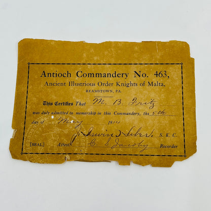 1914 Antioch Commandery No.463 Knights of Malta Constitution & Certificate H5-1
