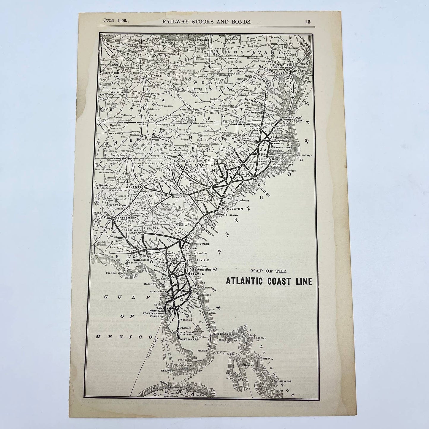 1906 Original Map Railway Stocks and Bonds Map of the Atlantic Coastline FL3