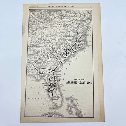 1906 Original Map Railway Stocks and Bonds Map of the Atlantic Coastline FL3