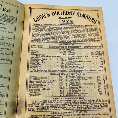 1928 Ladies Birthday Almanac Quack Medicine Thedford’s Black Draught Cardui C10