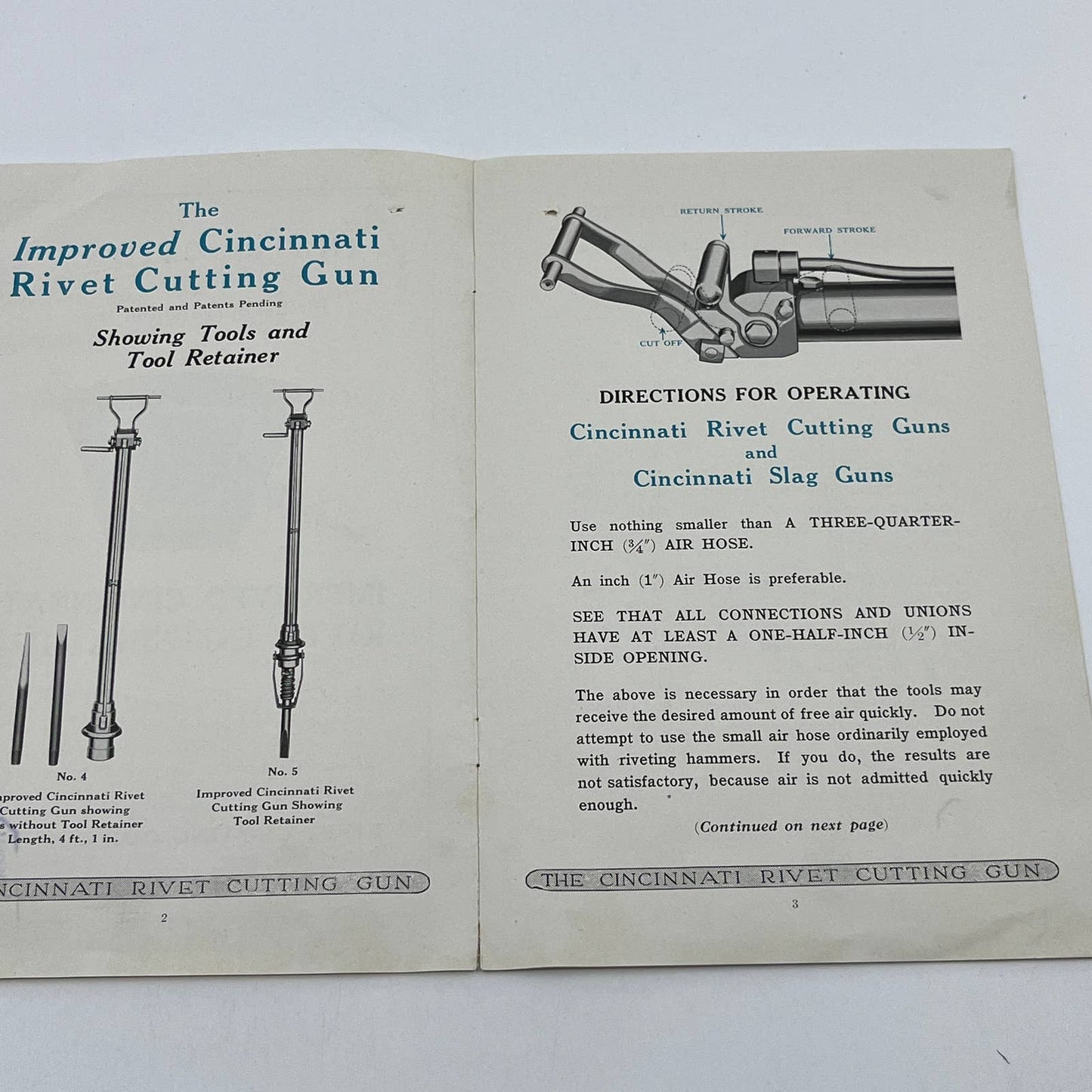 c1920 Improved Cincinnati Rivet Cutting Gun Instruction Manual AB8