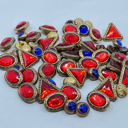 Huge Lot Vintage Art Deco Gold Tone Ruby & Sapphire Style Acrylic Buttons TF7