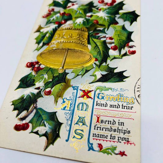 1910s Christmas Post Card Embossed Holly Bell Snow PA4