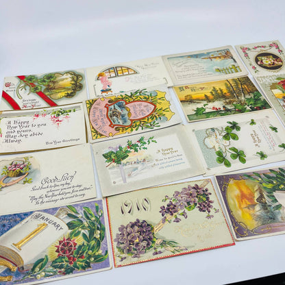 1910s Lot of 15 Antique Holiday New Year’s Post Cards Embossed Gilt EA2