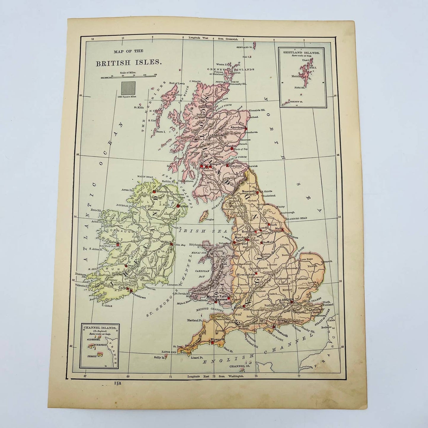 1896 Harper’s School Geography Map of BRITISH ISLES Color Engraved 9x12” FL1