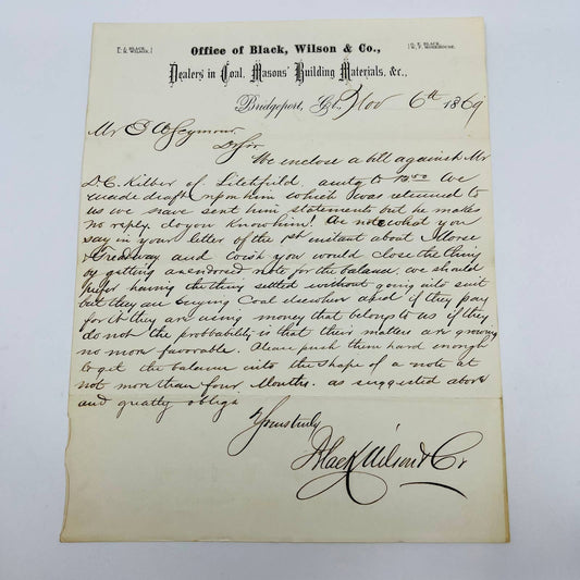 1869 Black, Wilson & Co. Bridgeport CT Letterhead Coal Masons Building Mtrls AA4