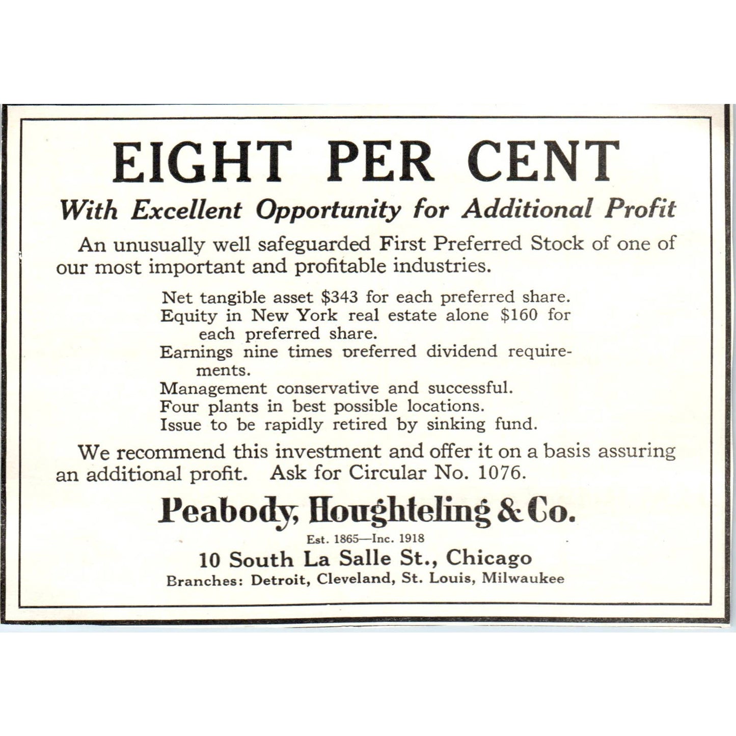 c1920 Harper's Magazine Ad - Peabody, Houghteling & Co Lasalle St Chicago EA3