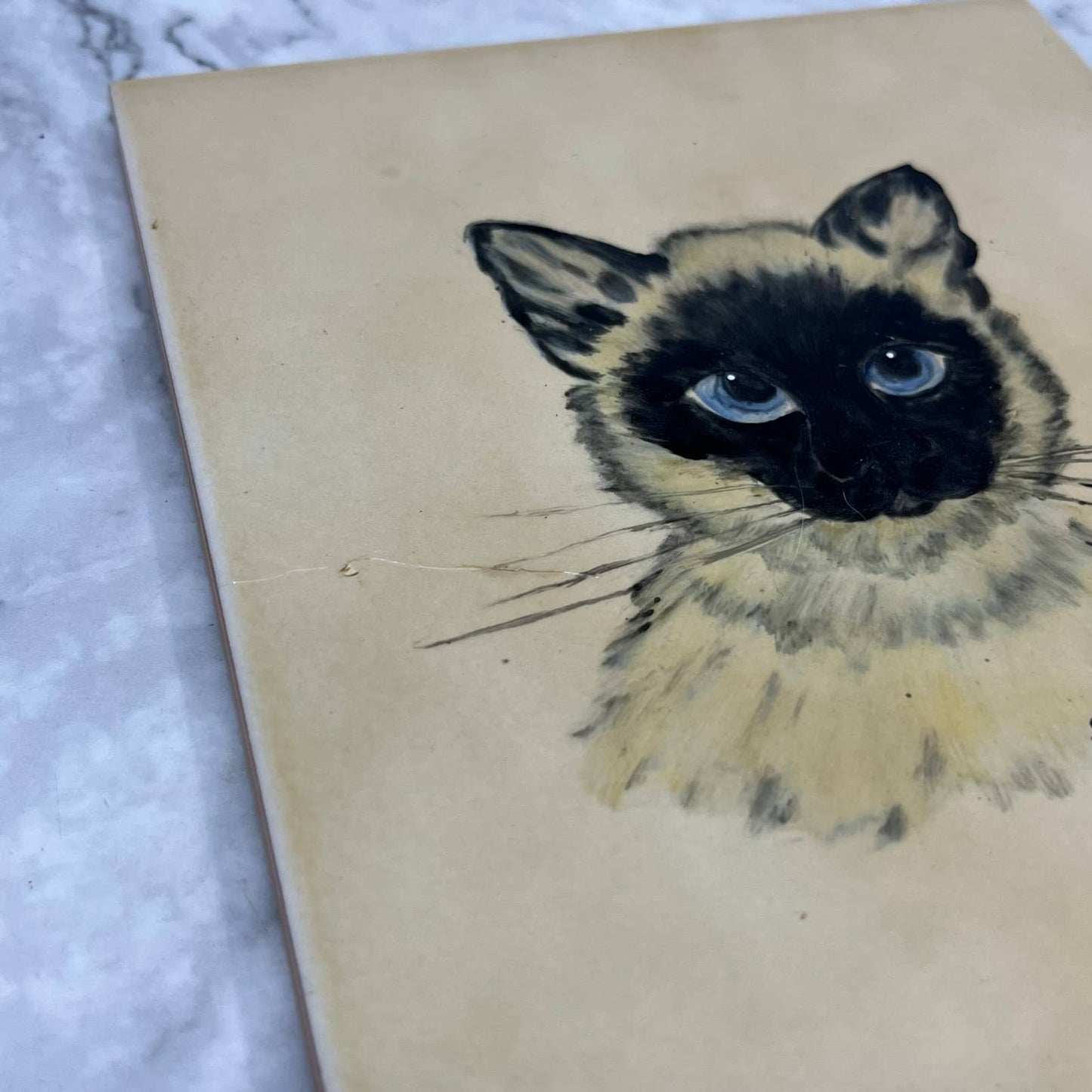 Vintage Original Art Hand Painted Siamese Cat on Tile Sami 8x6” TB6