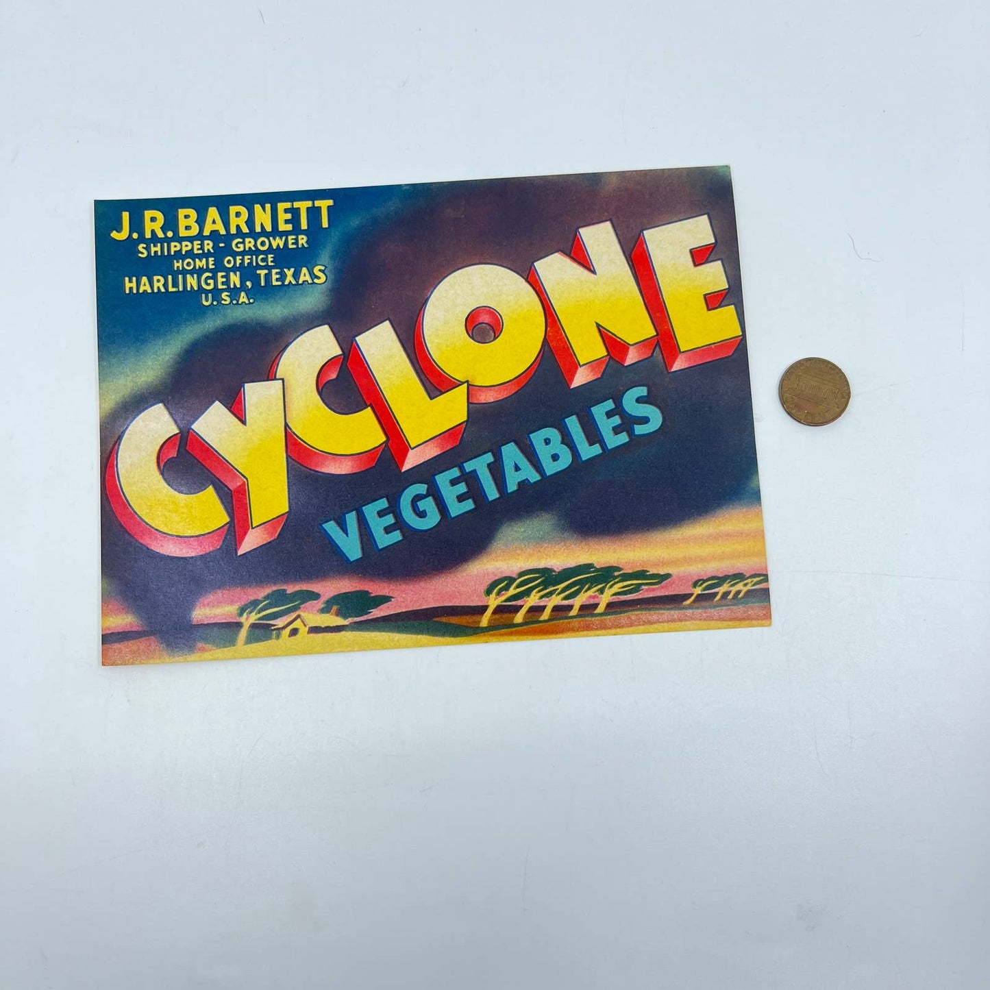 Original vegetable crate label 1940s Cyclone Twister Tornado Harligen Texas FL3