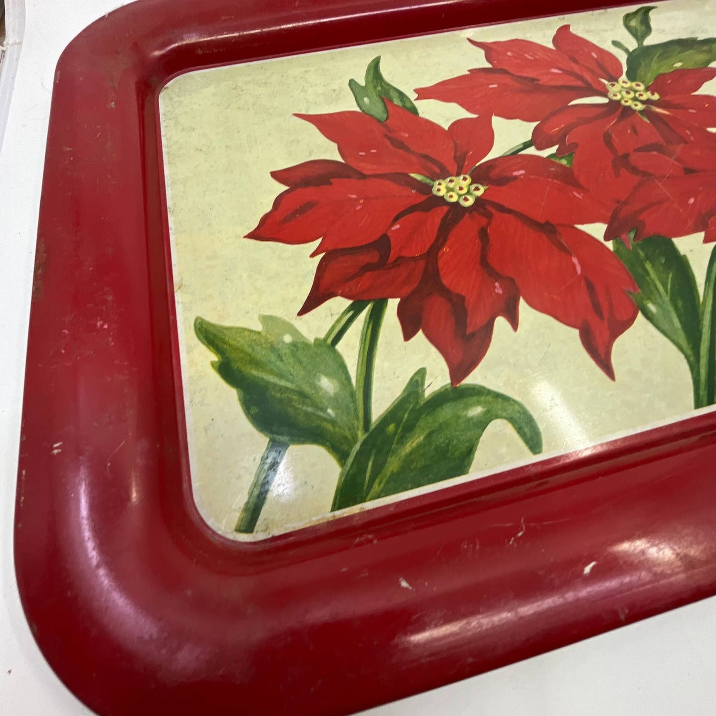 Vintage MCM Poinsettia Toleware Tin Litho Tray 17.5 x 13” TI2