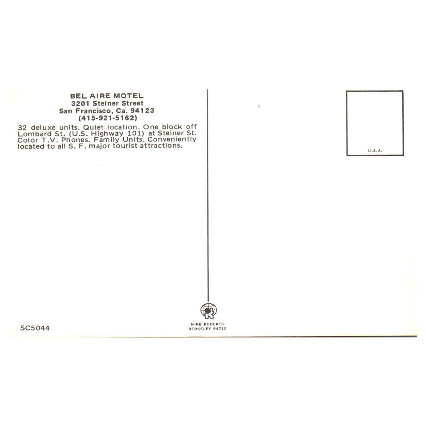 Vintage Postcard - Bel Aire Motel San Francisco California 1950s TJ7-1