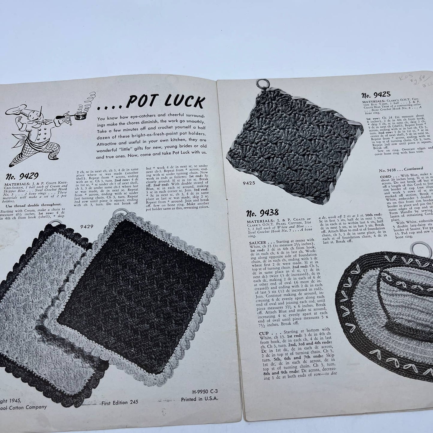 1945 Crochet Pattern Potholders 30 Designs Coats & Clarks Book 222 TH7