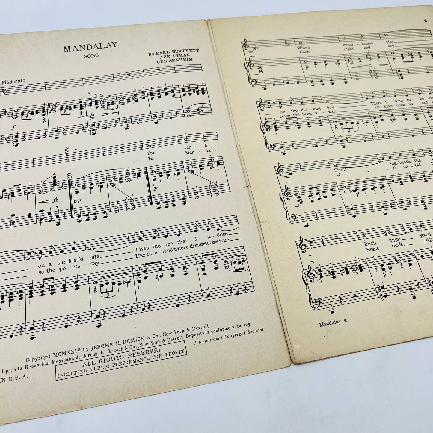 1924 Mandalay Fox Trot Ballad Abe Lyman Earl Burnett Gus Arnheim Sheet Music