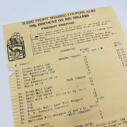 c1920 Camel Cigarettes Price List Sledd System Lyons KS Profit Sharing AA4