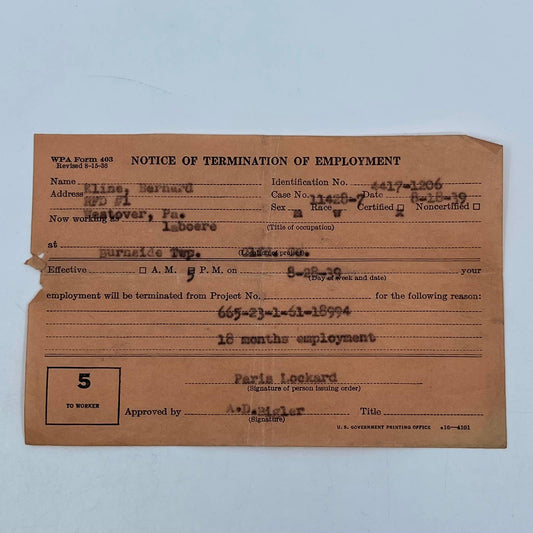 1939 WPA Notice of Termination of Employment Form Westover PA Bernard Klein SC5