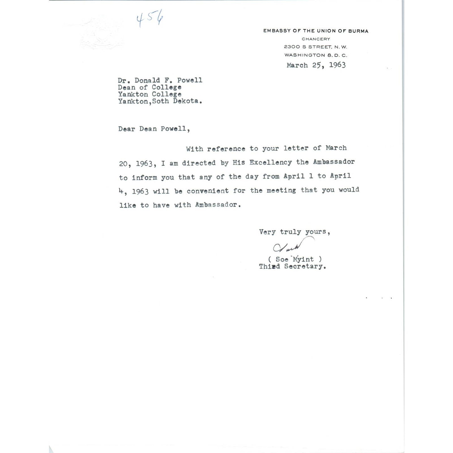 Ambassador of Afghanistan Official Letterhead Memo Dr. Abdul Majid 1963 TK1-P10