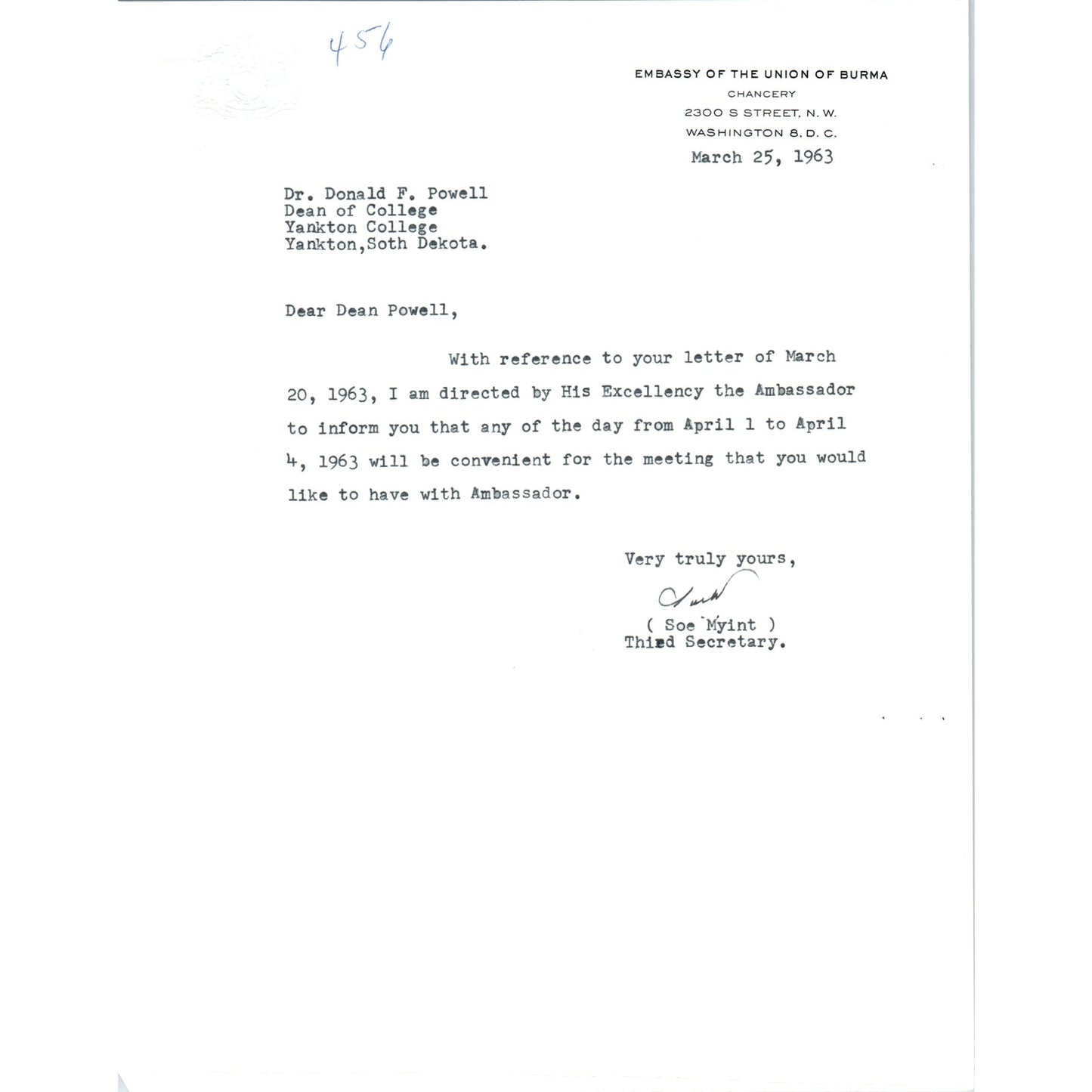 Ambassador of Afghanistan Official Letterhead Memo Dr. Abdul Majid 1963 B9