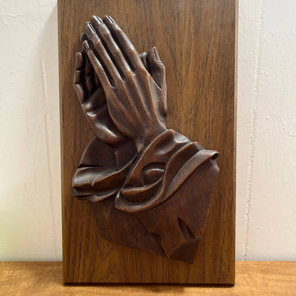 Vintage Wood Tone Praying Hands Relief Plaque Resin on Composite 9 x 15”