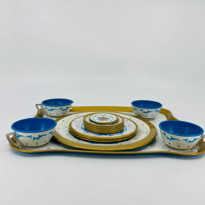 1950s MCM Ohio Art Tin Litho Tea Set Plates Cups Floral Blue 19pc TD2