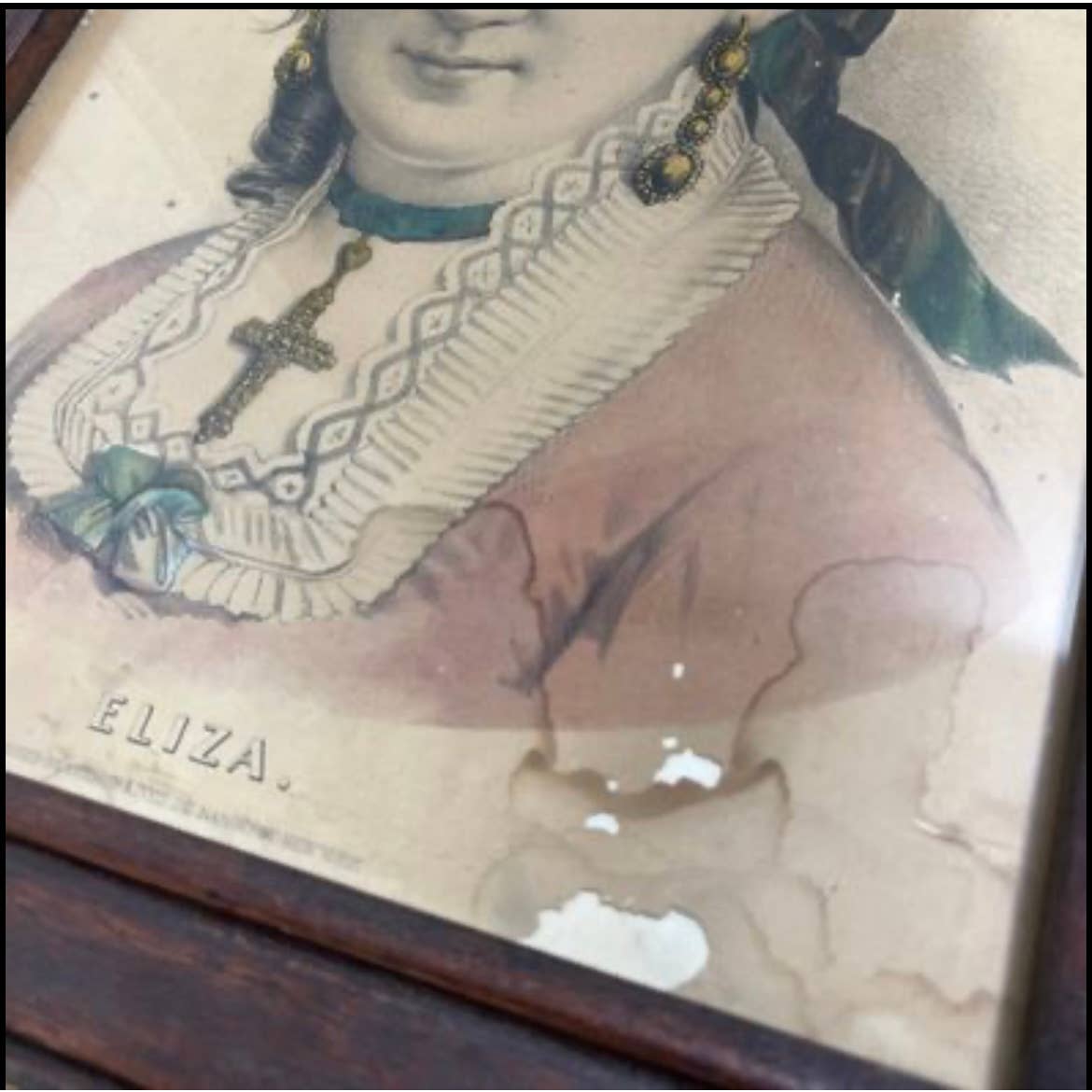 1860s Civil War Era Currier & Ives Eliza Distressed Lithograph Wood Frame 14x20