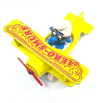 1982 Smurfs Ertl Airplane Aero Smurf Figurine Die Cast Metal Toy Plane SD6