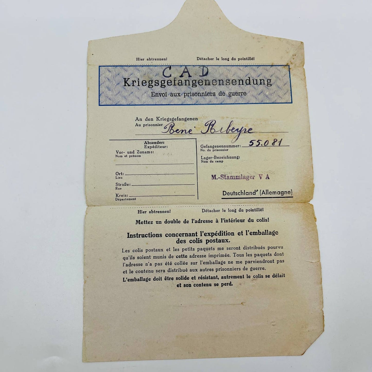WWII German French POW Prisoner Consignment Rene Ribeyre Seine Stalag VA SC2