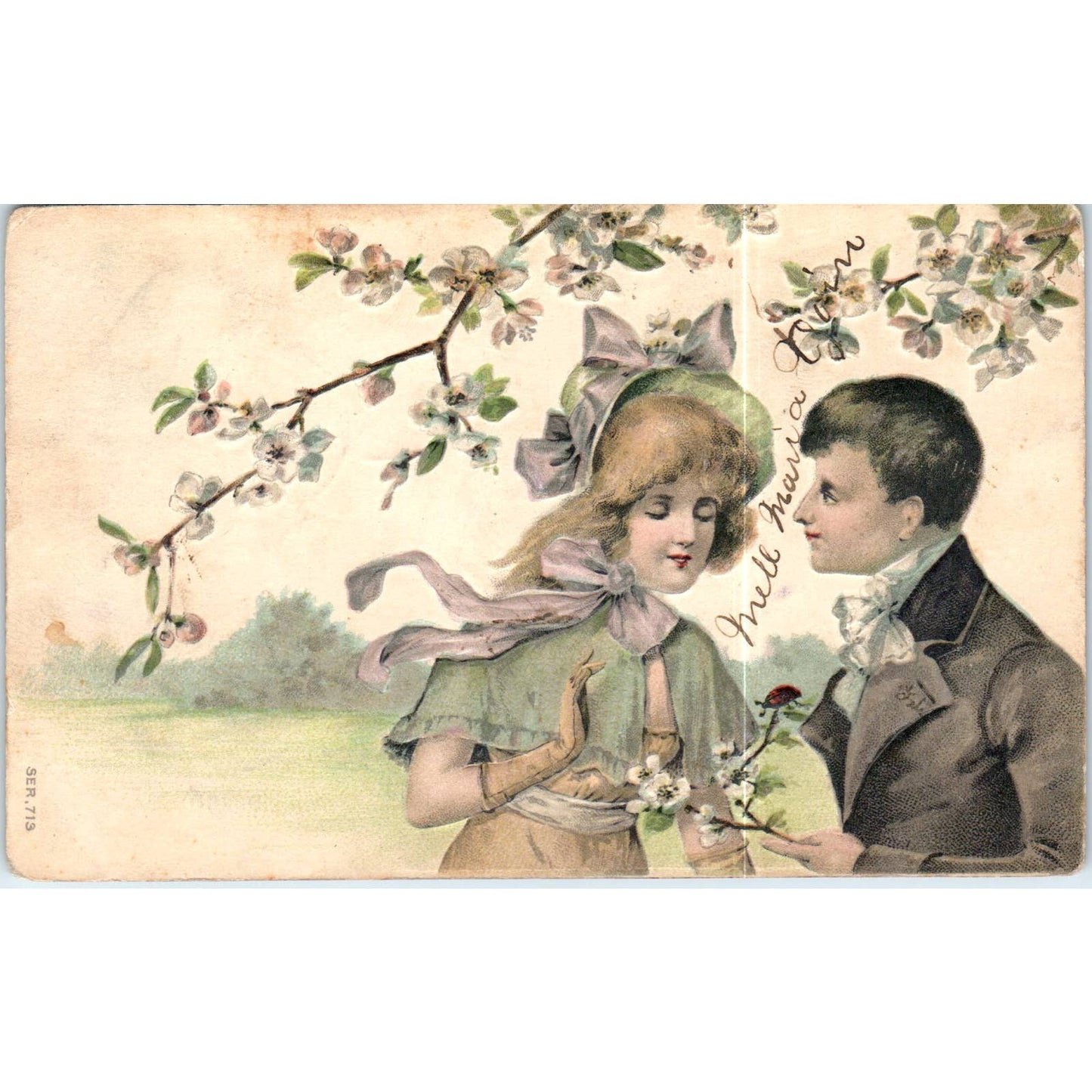 Victorian Couple Romance French Cherry Blossom Original Postcard TK1-P15
