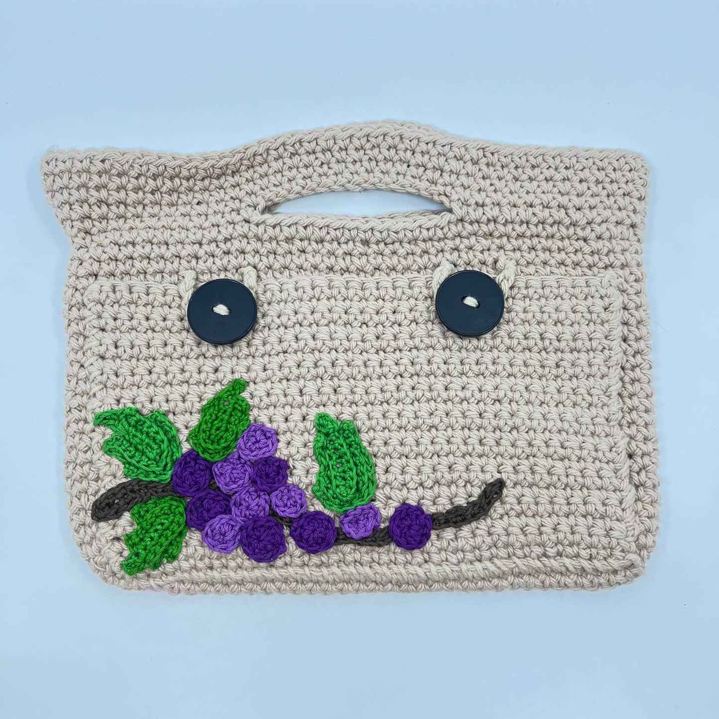 Vintage Handmade Crocheted Grapes Purse Handbag Wood Handle 10” TC6