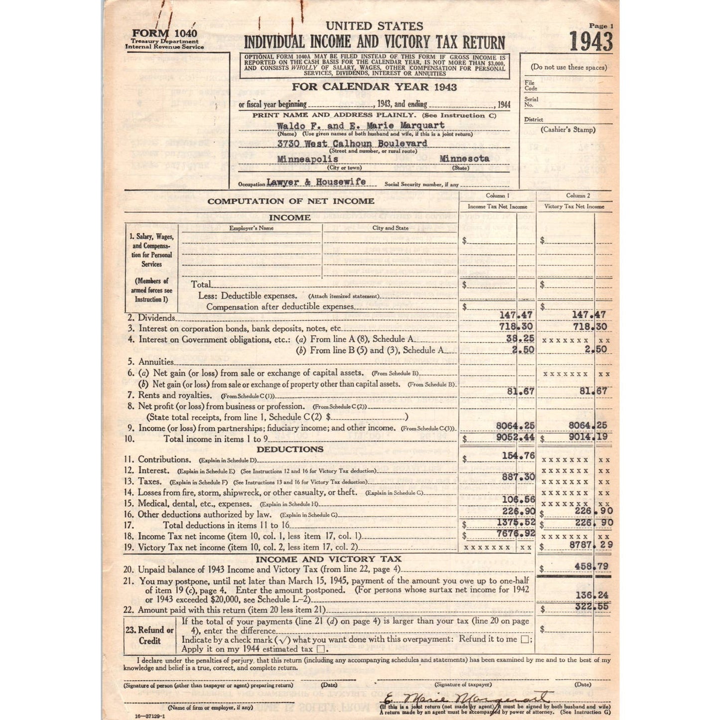 1943 WWII Income & Victory Tax Declaration Form 1040 Waldo & Marie Marquart AD4