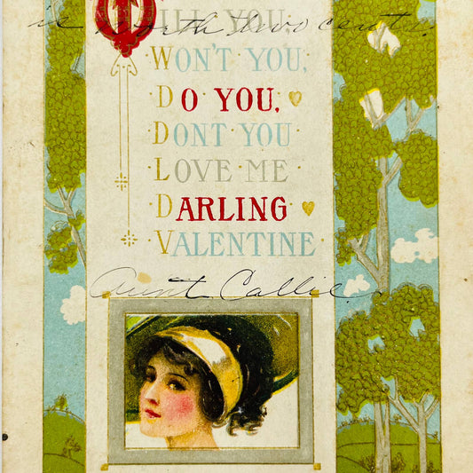 1914 Valentine’s Post Card Victorian Lady Poem Embossed Trees PA3